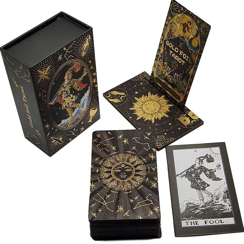 Luxe Finish Divinative Gold Foil Tarot Cards Fantastic Board Game Set for Predictive with Wooden Card Stand