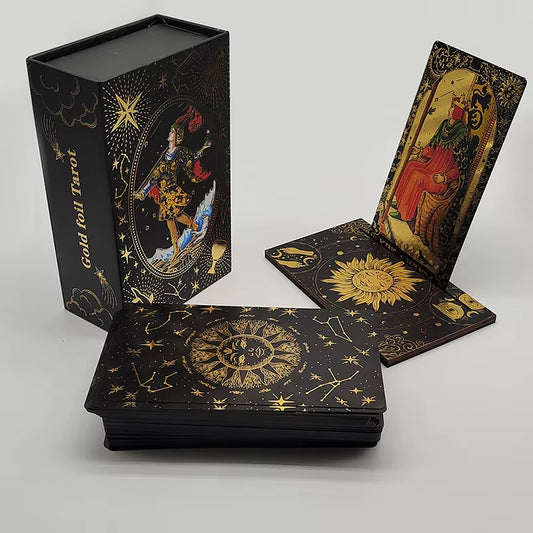 Luxe Finish Divinative Gold Foil Tarot Cards Fantastic Board Game Set for Predictive with Wooden Card Stand