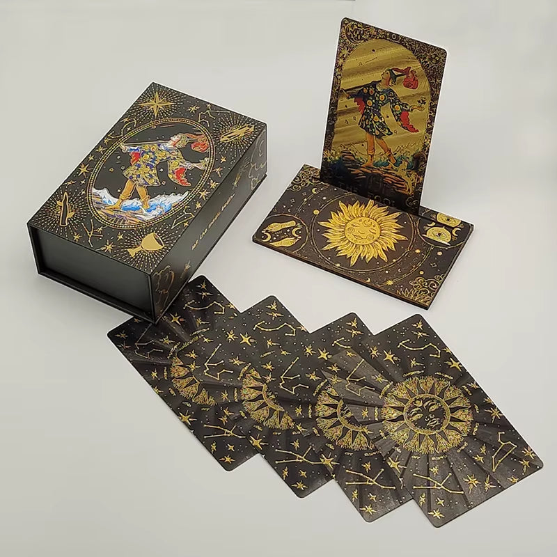 Luxe Finish Divinative Gold Foil Tarot Cards Fantastic Board Game Set for Predictive with Wooden Card Stand