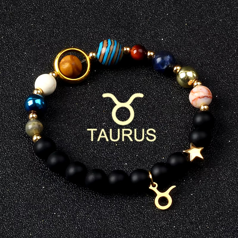 Universe Galaxy Eight Planets 12 Constellation Bracelets for Women Natural Stone Solar System Bracelets Libra Virgo Leo Jewelry